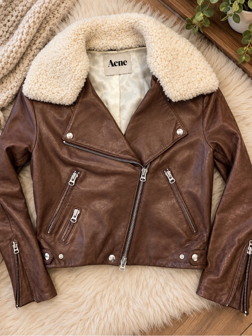 Acne Shearling Collar Brown Leather Biker Jacket